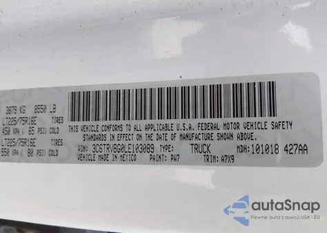 2020 Ram Promaster 1500 High Roof 136 Wb z USA, uszkodzony, nr VIN 3C6TRVBG0LE103089